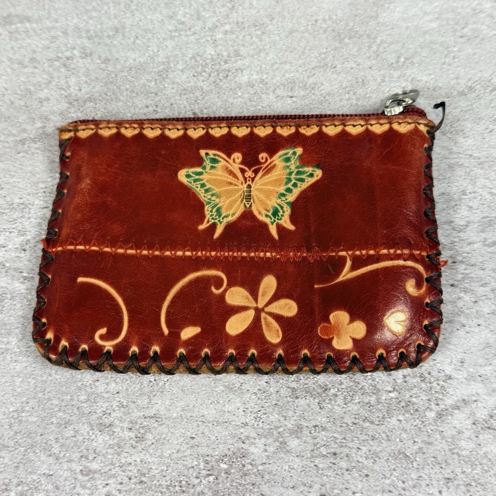 Hand Tooled Leather Change Purse Butterfly Floral Coin Pouch Wallet Western Boho